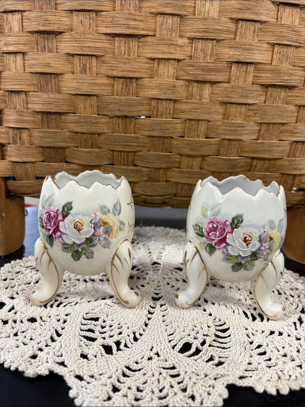vintage 1960s Inarco porcelain egg-shaped vases with hand-painted floral designs